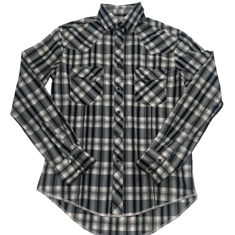 Wrangler Western Shirt Mens Size S Black White Plaid Snap Buttons Retro Cowboy